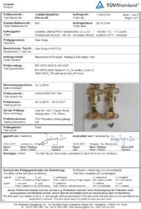 Сертификат TUV Петли с доводчиком